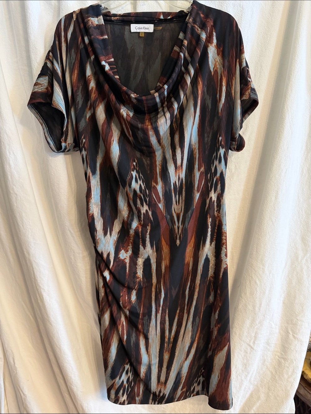Calvin Klein Draped Cowl Neck Print Dress in Brown and Blue